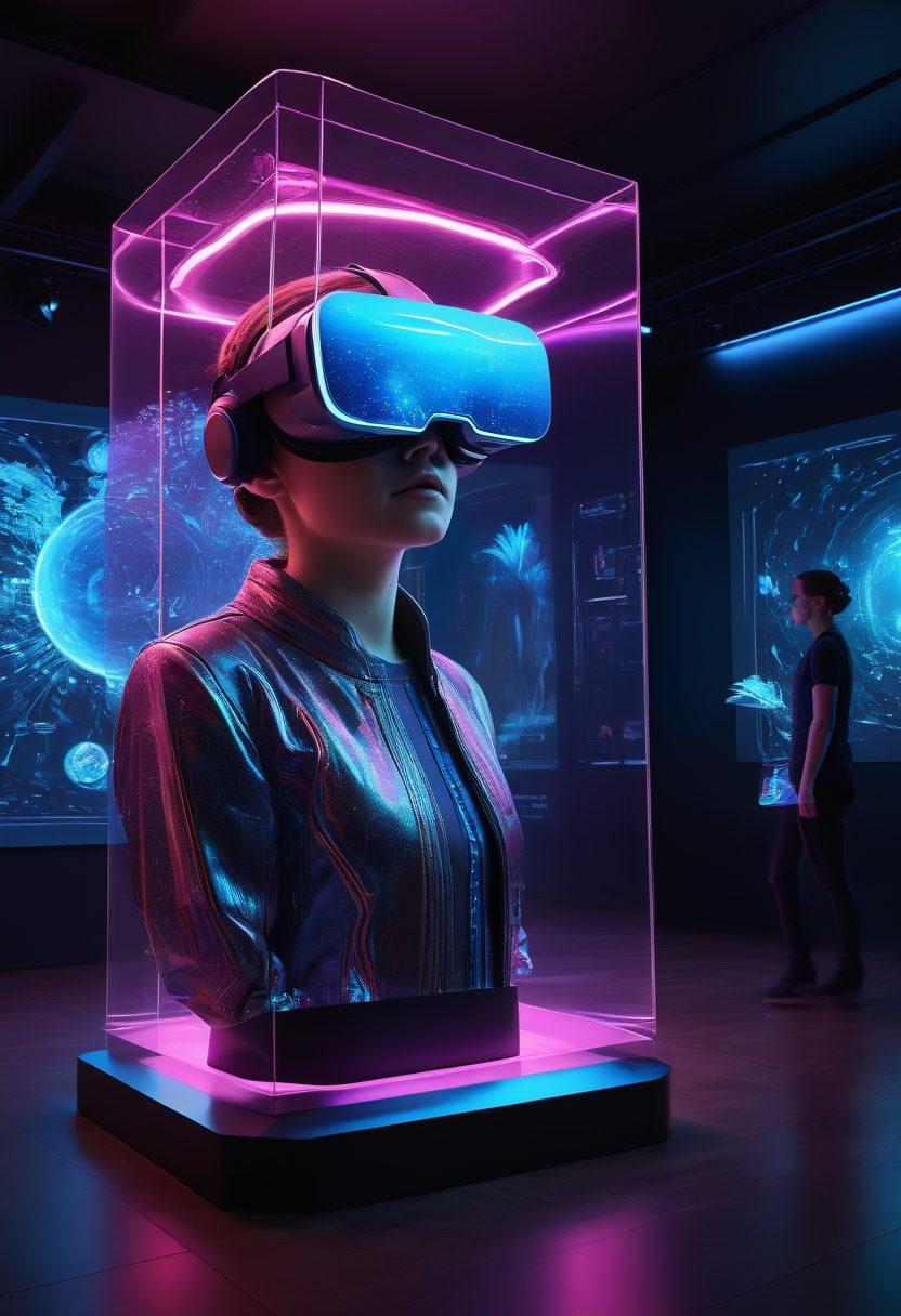 A captivating art exhibition scene featuring a blend of modern technology and creativity. Showcase digital art installations glowing with vibrant colors, interactive displays with visitors engaging, and abstract sculptures merging traditional and modern styles. Include elements like virtual reality headsets and holograms in a spacious gallery environment. super-realistic. vibrant colors. dynamic lighting.